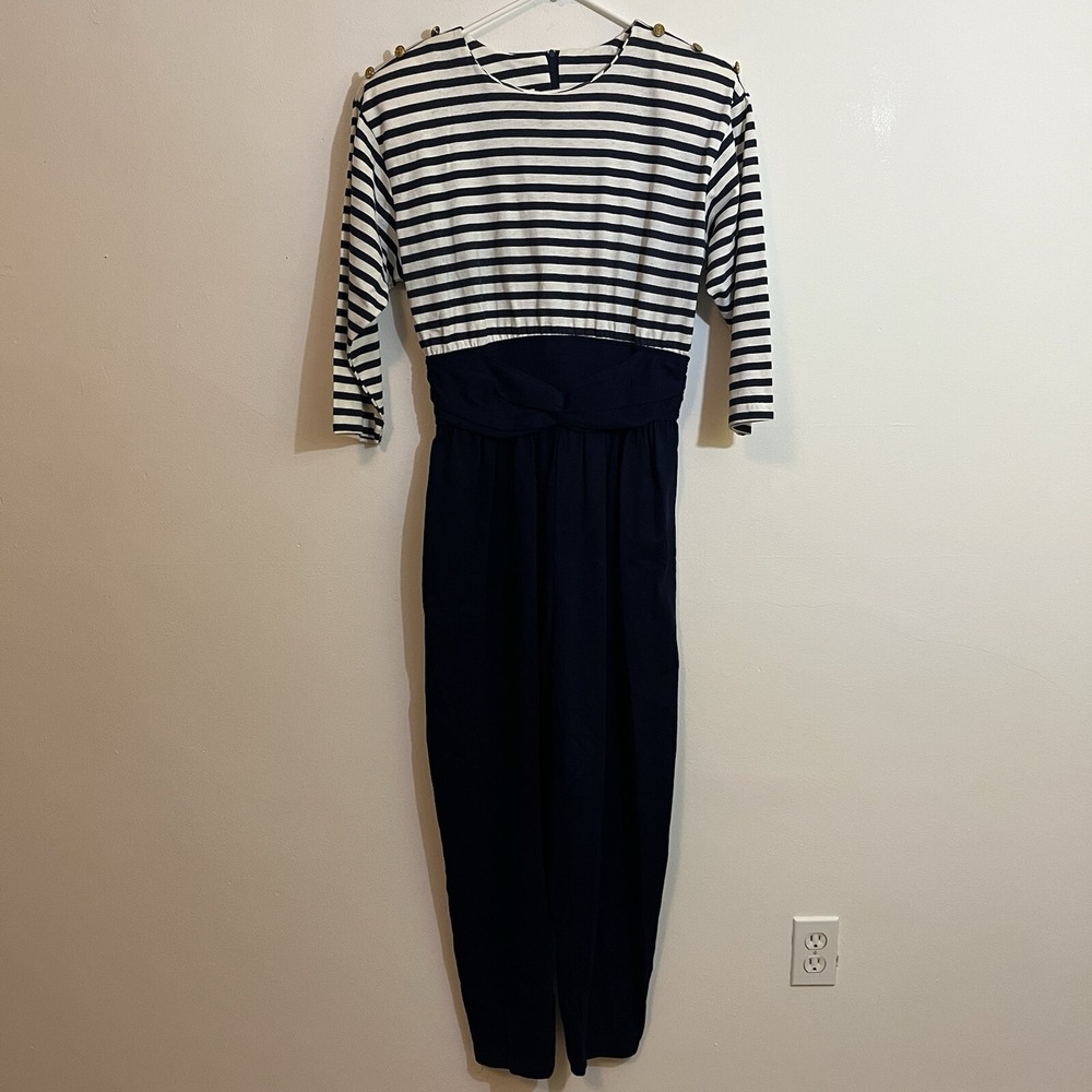 Vintage Jumpsuit Sailor Womens 12 Blue White Stripe Zip‎ - Tiny Hole on Back